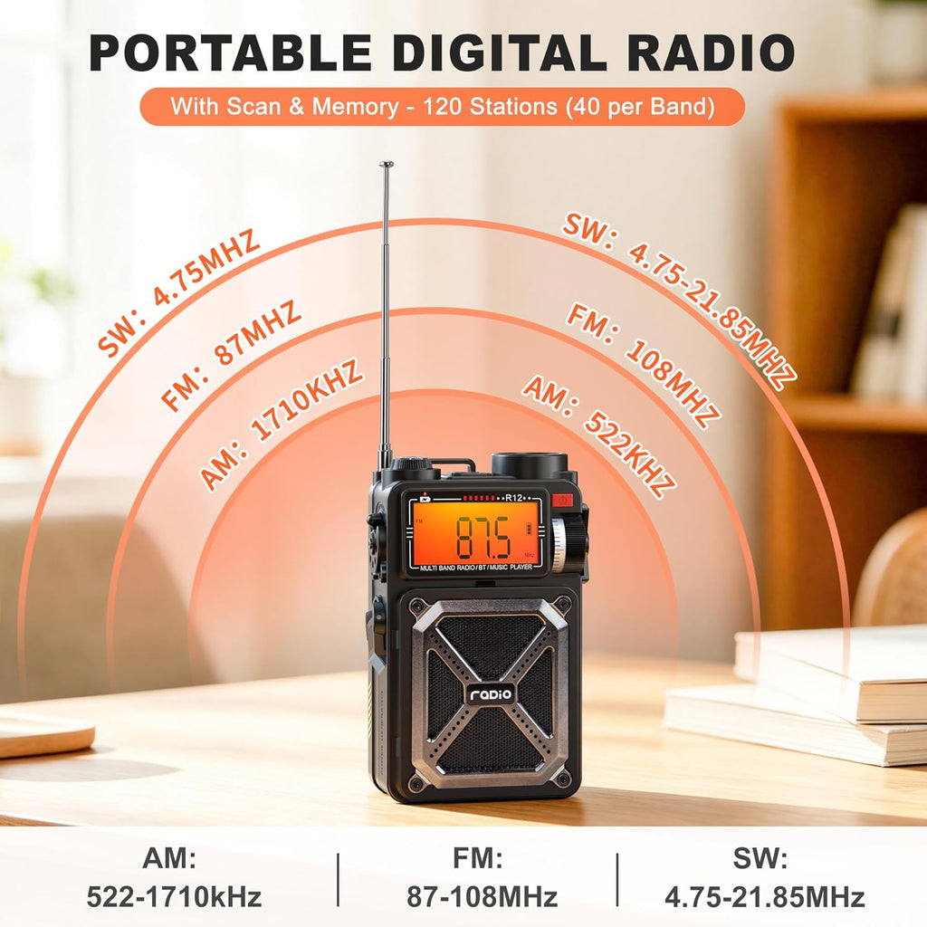 Solar Hand Crank Emergency Radio,NOAA Weather Alert, AM/FM/SW | Digital Tuning,Bluetooth Speaker,TF