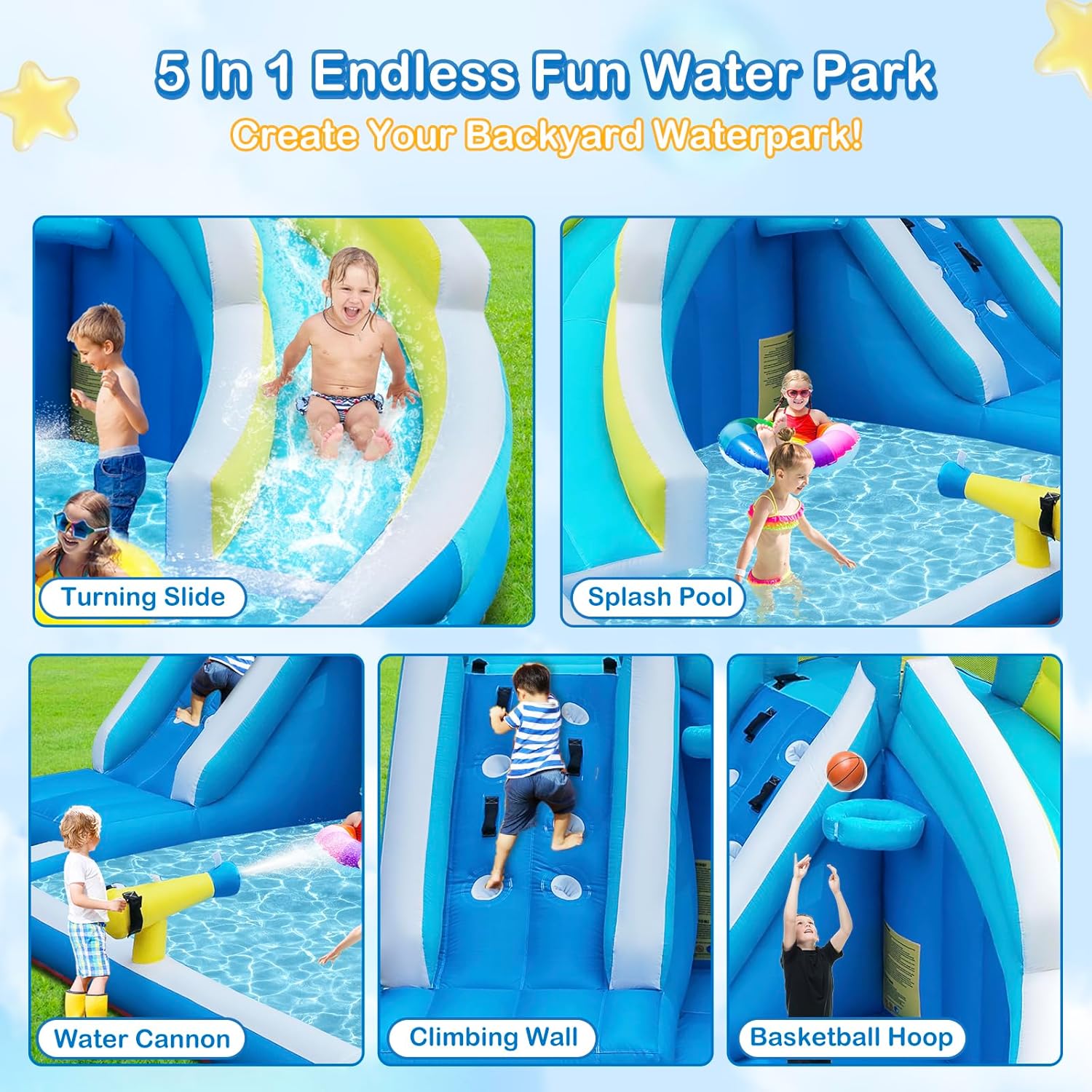 Inflatable Water Slide for Kids Backyard, 5-in-1 Bounce House with Climbing Wall, Splash Pool, Water Cannon &