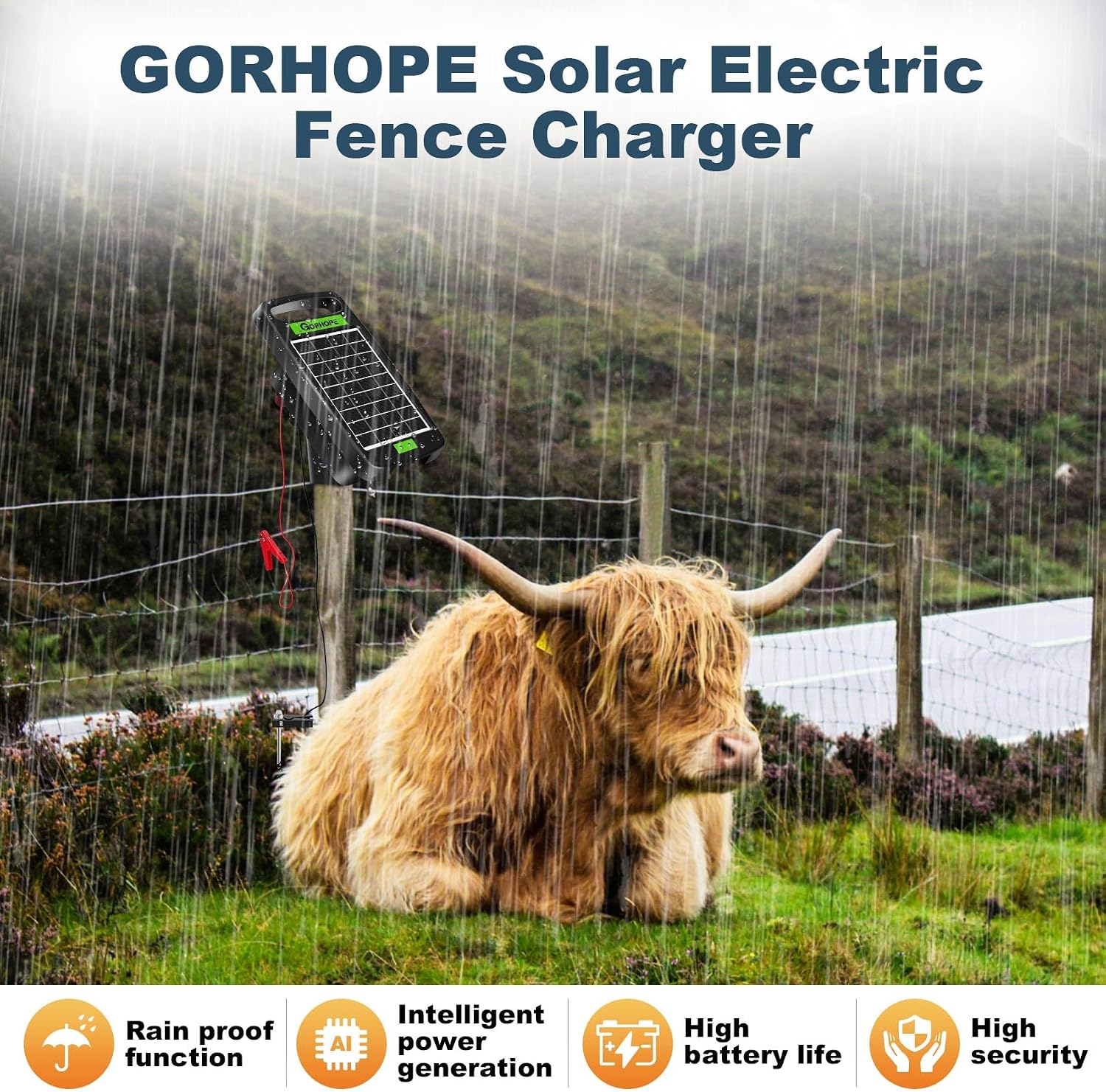 20 Miles Solar Electric Fence Charger,0.32J Powered 24-Hour Protection