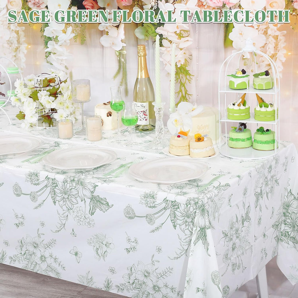 3 Pack Sage Green Floral Plastic Tablecloths, Tea Party Tablecloth