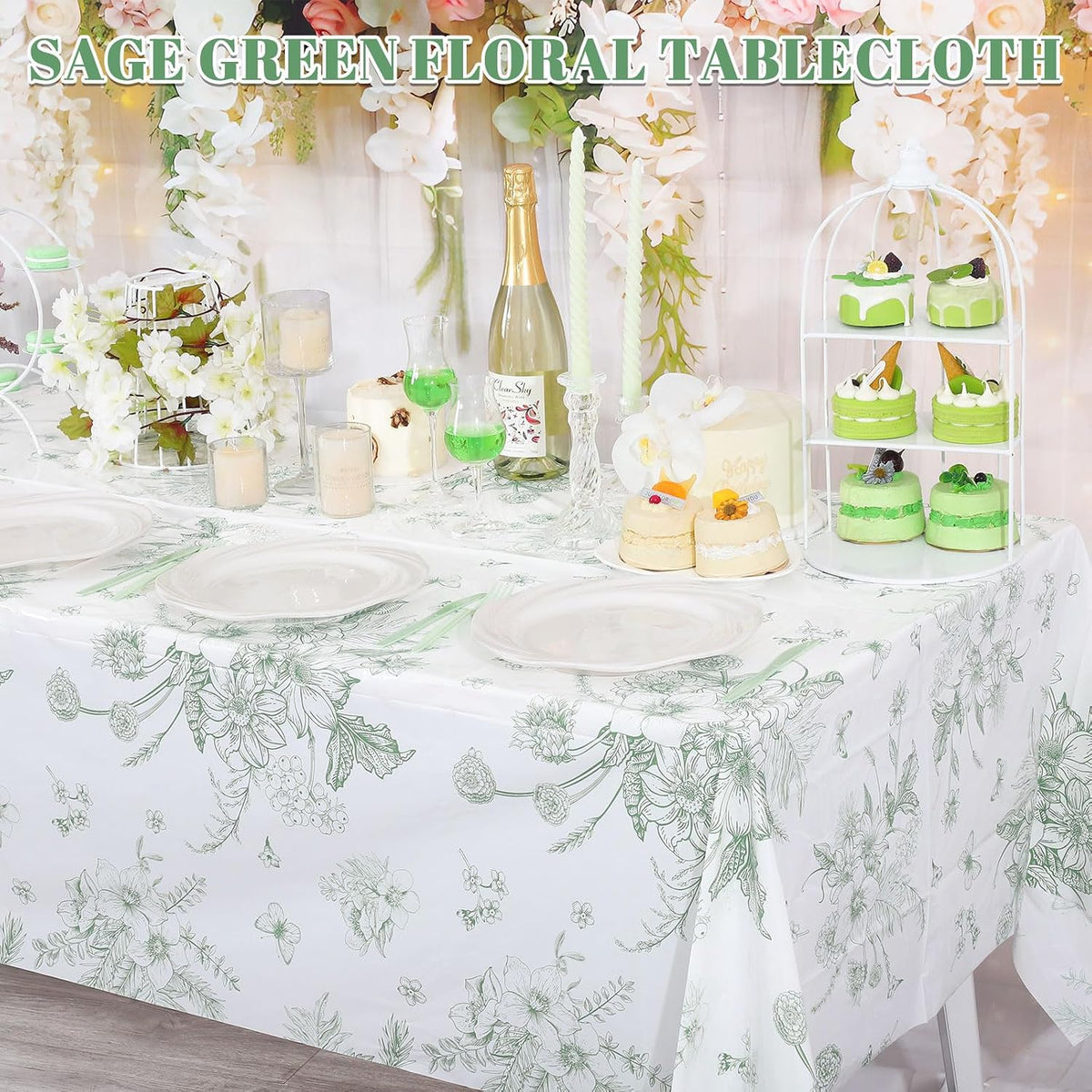 3 Pack Sage Green Floral Plastic Tablecloths, Tea Party Tablecloth