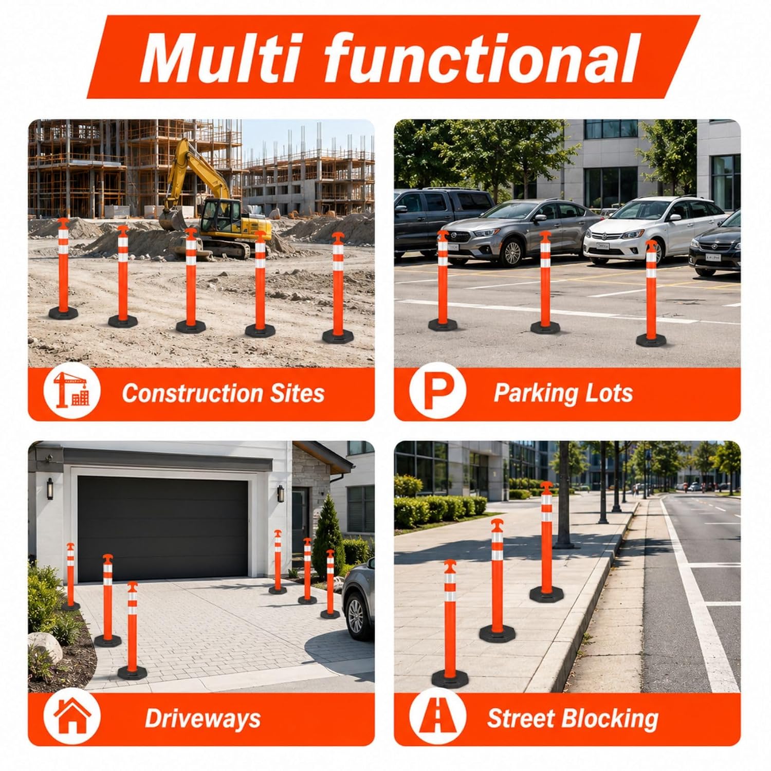 42" Traffic Delineator Posts,3 Pack Orange Safety Cones with Reflective Collars and Weighted Base for Road Safety