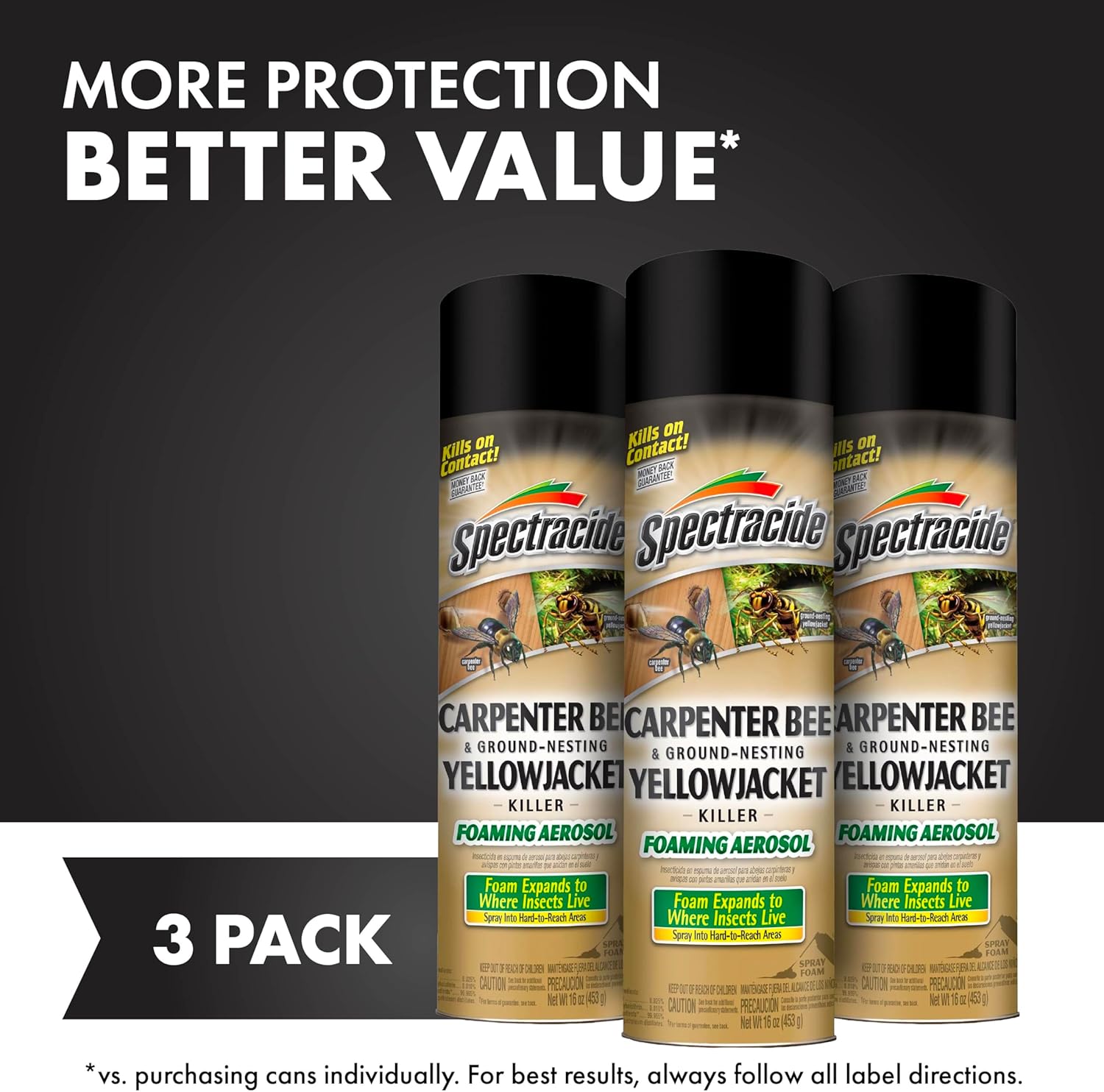Carpenter Bee & Gound-Nesting Yellowjacket Killer 16 Oz, 3 Pack | Foaming Aerosol Kills on Contact, Expands To Where