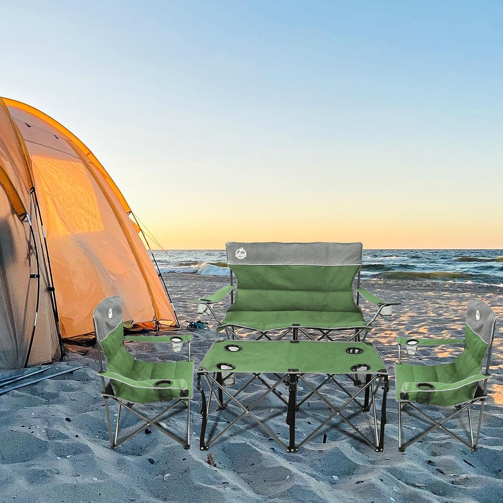 Folding Camping Chair Set of 4, Portable Collapsible Conversation Set w/1 Sofa, 2 Single Chairs, 1 Table for Family