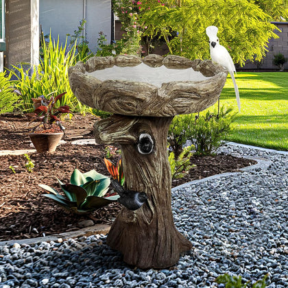 23" H Concrete Birdbath for Outdoor Garden with a Fake Bird Decor - Freestanding Trunk Like Bird Bath for Outside