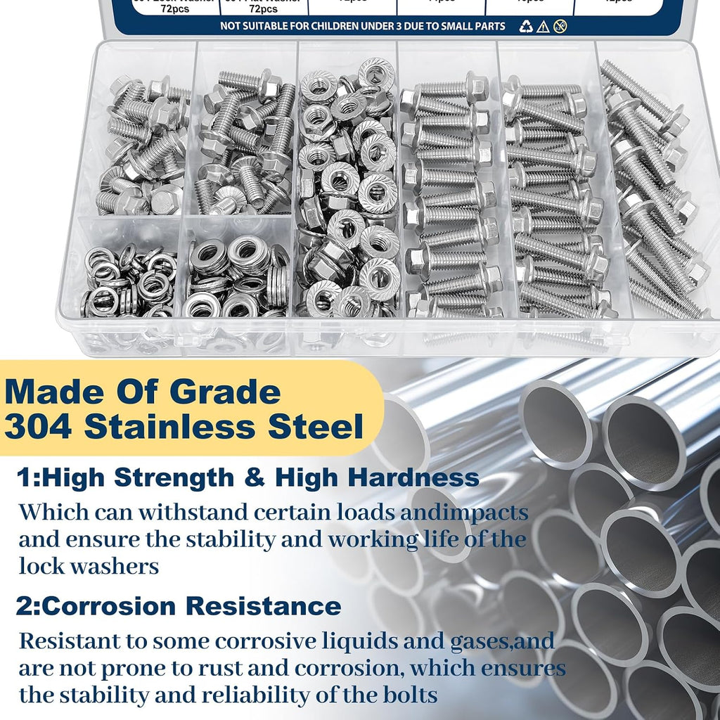 M6-1.0 Flange Bolt & Nut(12/16/20/25/30mm) Assortment Kit Stainless 288Pcs