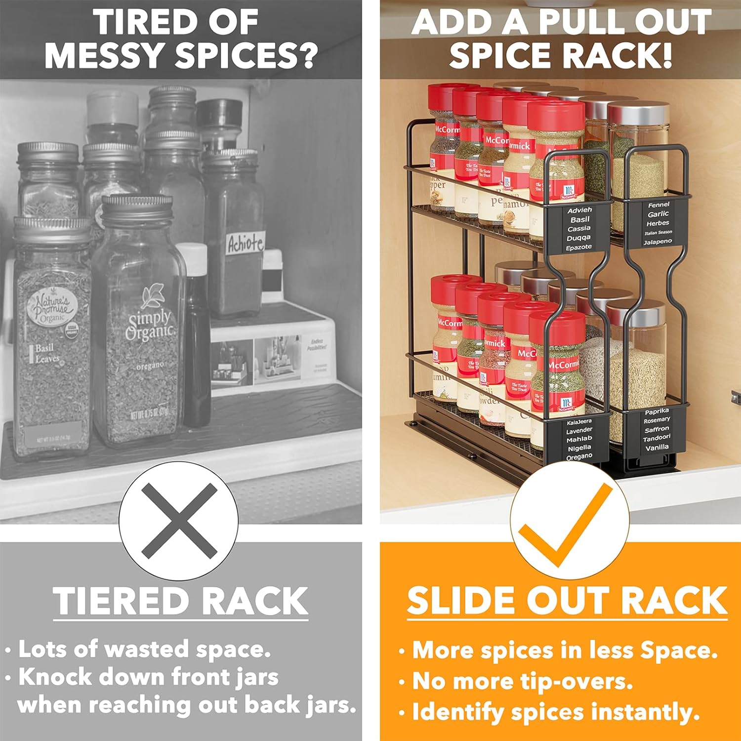 Pull Out Spice Rack Organizer for Cabinet, Heavy Duty Slide Out Seasoning Kitchen Organizer, Cabinet Organizer, with