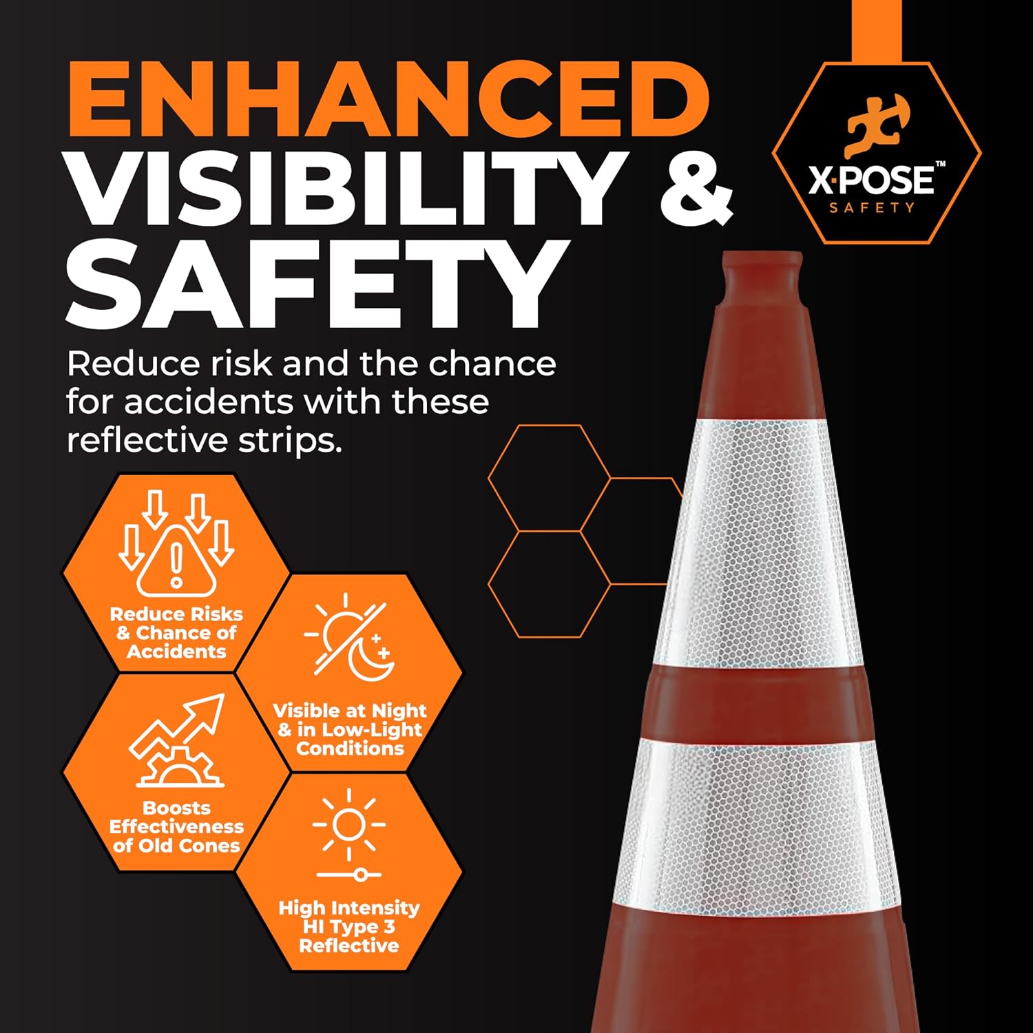Traffic Cone Reflective Collar 4" & 6" High Intensity Prismatic (HIP) Reflective Tape Band, Peel & Stick Cone