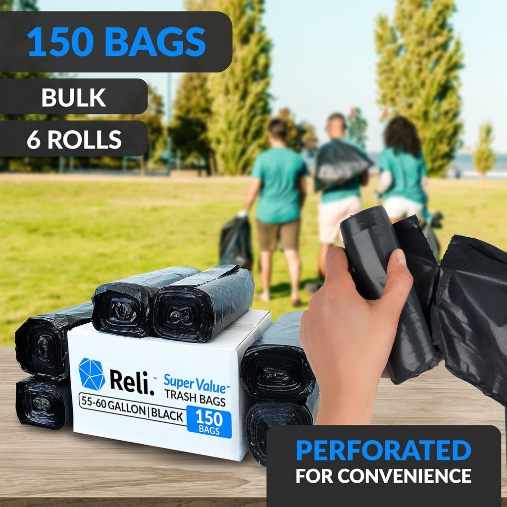 55-60 Gallon Trash Bags Heavy Duty | 150 Trash Bags, Twist Ties | Black, Serious Garbage Cleanup | Large Garbage Bags