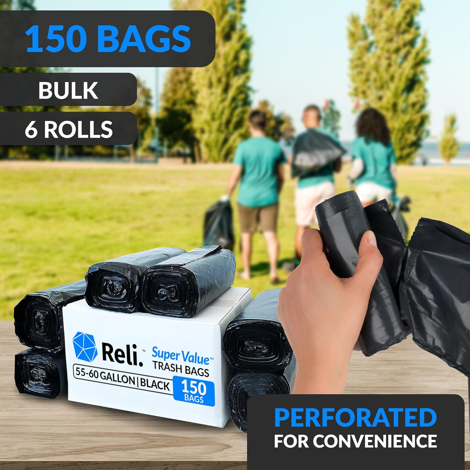 55-60 Gallon Trash Bags Heavy Duty | 150 Trash Bags, Twist Ties | Black, Serious Garbage Cleanup | Large Garbage Bags