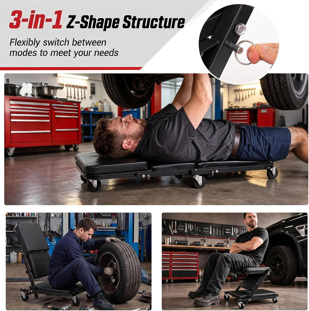 36" 3-in-1 Folding Z Mechanic Creeper with 6 Swivel Wheels, Black
