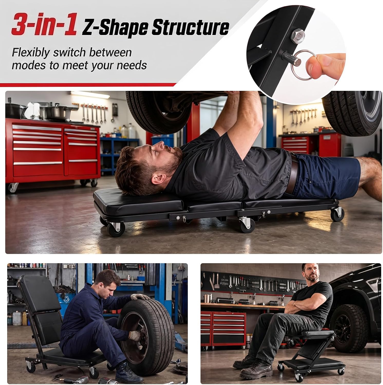 36" 3-in-1 Folding Z Mechanic Creeper with 6 Swivel Wheels, Black