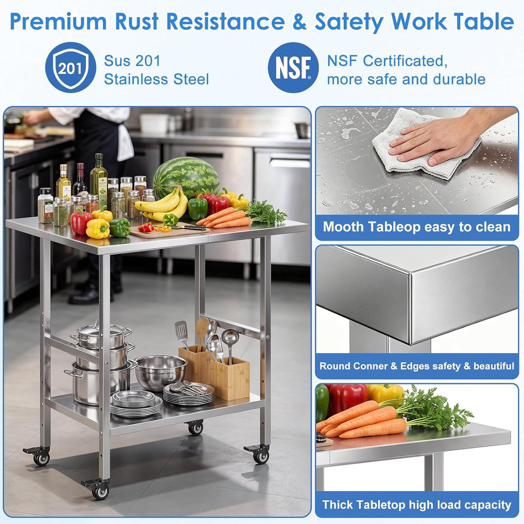 NSF Stainless Steel Prep Table with Wheels, Commercial Worktable with 4 Casters & Brakes & Adjustable Undershelf