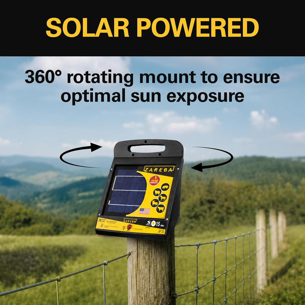Solar Powered Low Impedance Electric Fence Charger, 15 Mile Solar Powered Electric Fence Energizer, Contain Animals