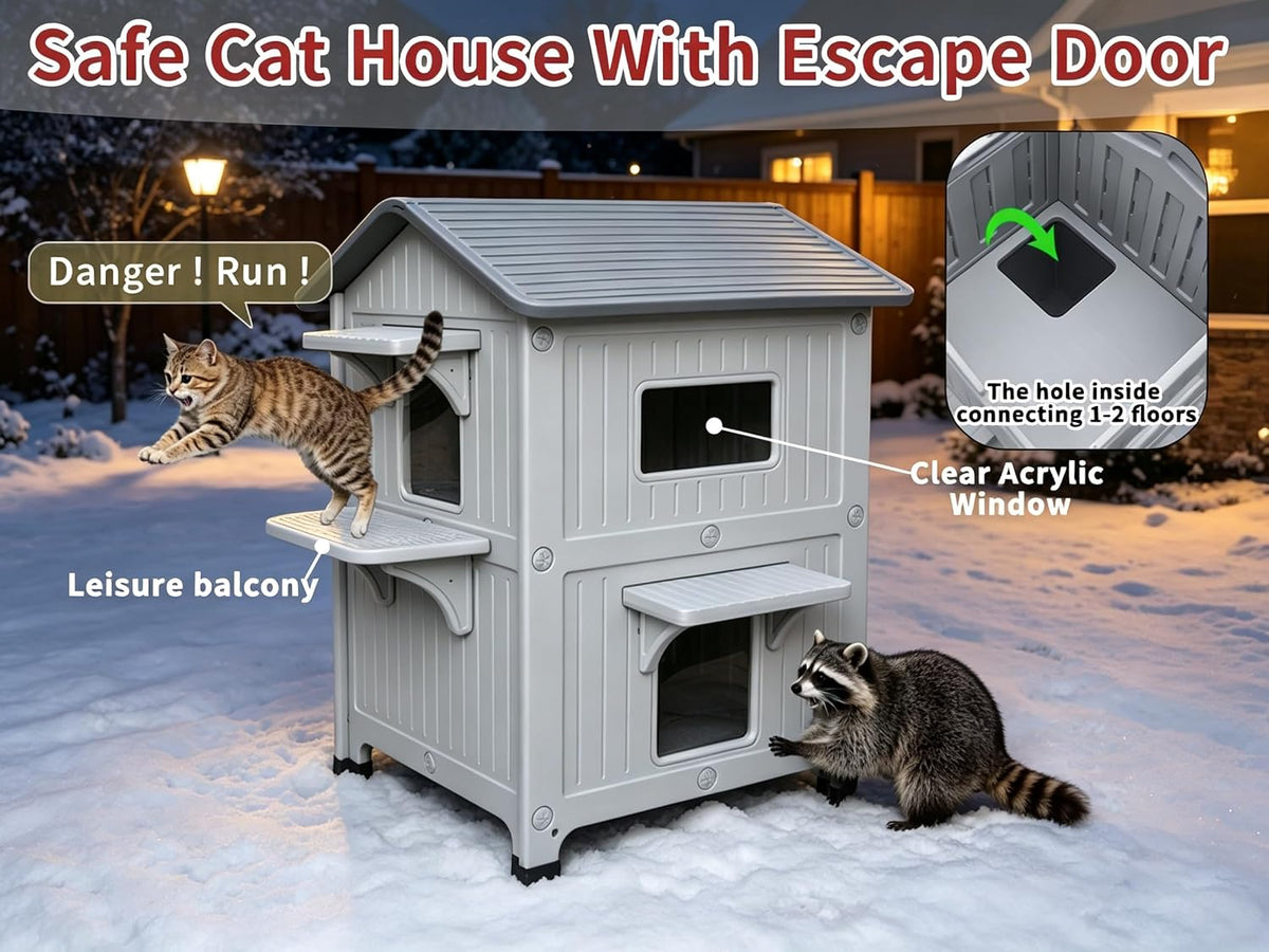 100% Insulated Outdoor Cat Houses for Winter, 2-Story Cat House Escape Door
