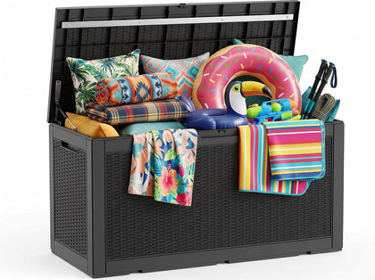 160 Gallon Deck Box, Lockable Waterproof Resin Storage Box,Black | Lid Supports Seating, Tool-Free Snap Assembly