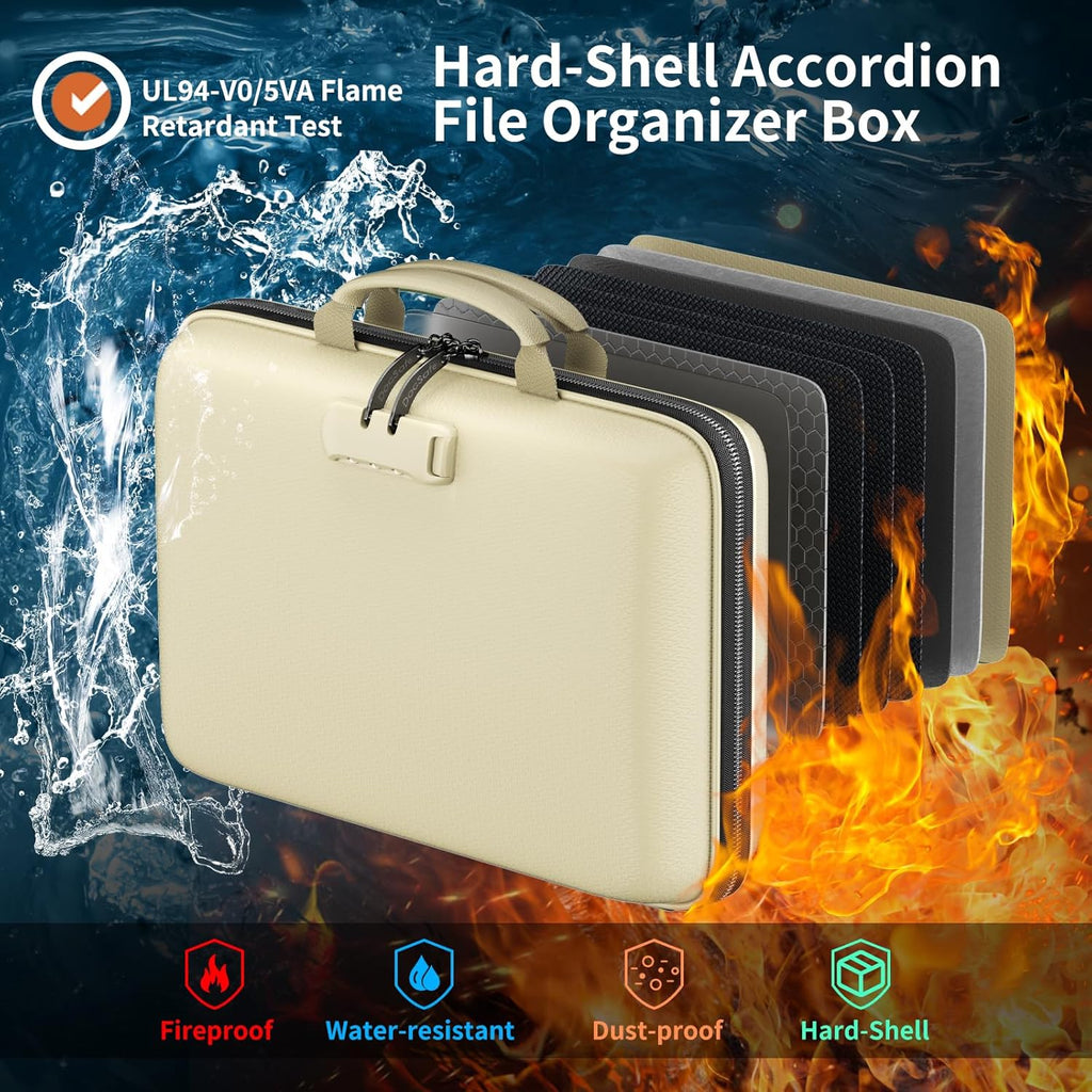 Fireproof File Organizer with Lock, Hard-Shell Case Fireproof Document Box with 13 Pocket Accordion File Folder