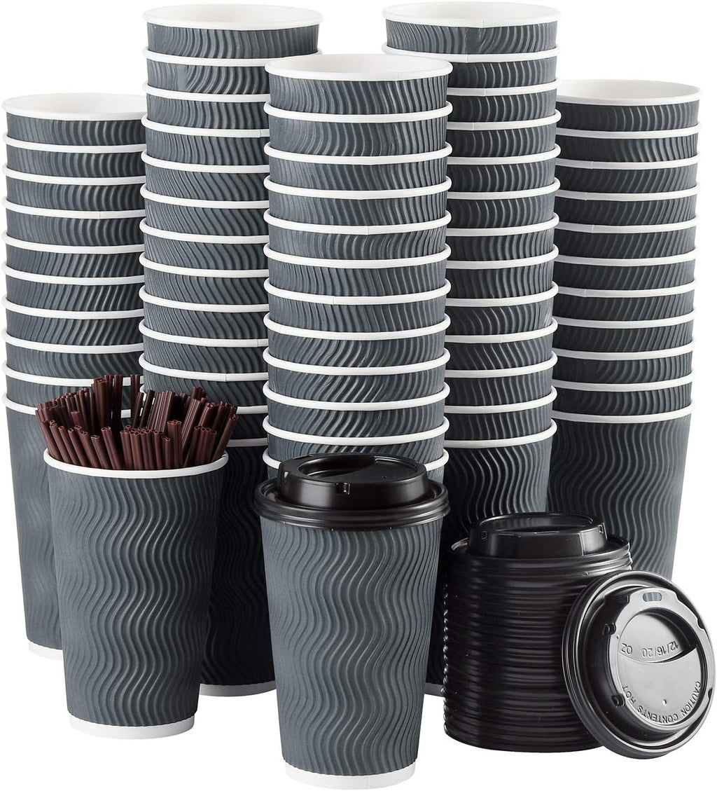 Disposable Coffee Cups with Lids and Straws - 16 oz (90 Set) Togo Hot Paper Coffee Cup with Lid To Go for Beverages