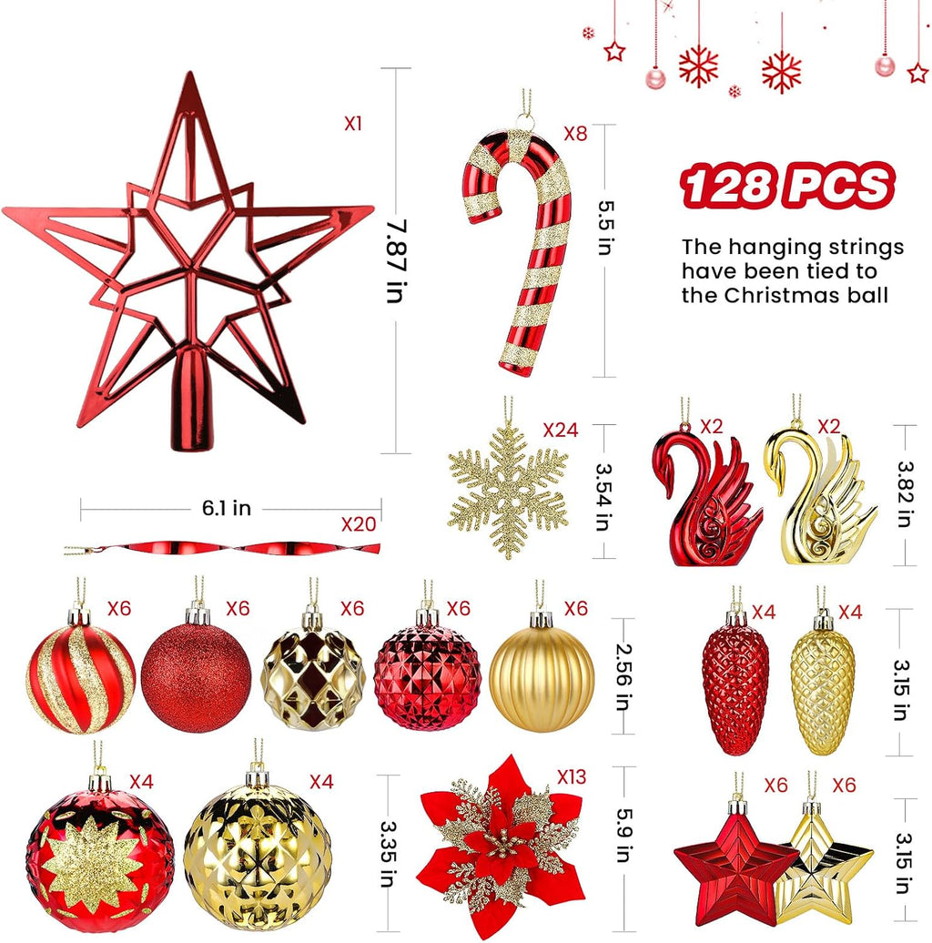 128pcs Christmas Balls Ornaments Set, Red and Gold | Shatterproof Plastic Baubles Christmas Flowers, Tree Topper &