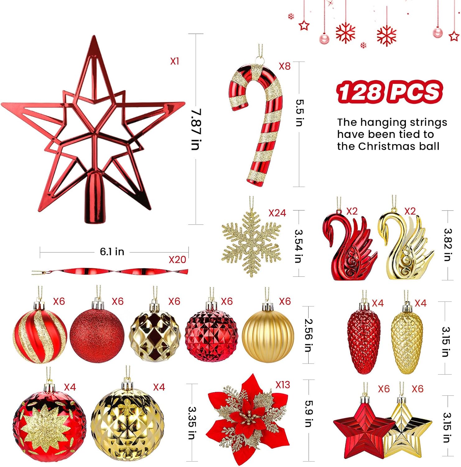 128pcs Christmas Balls Ornaments Set, Red and Gold | Shatterproof Plastic Baubles Christmas Flowers, Tree Topper &