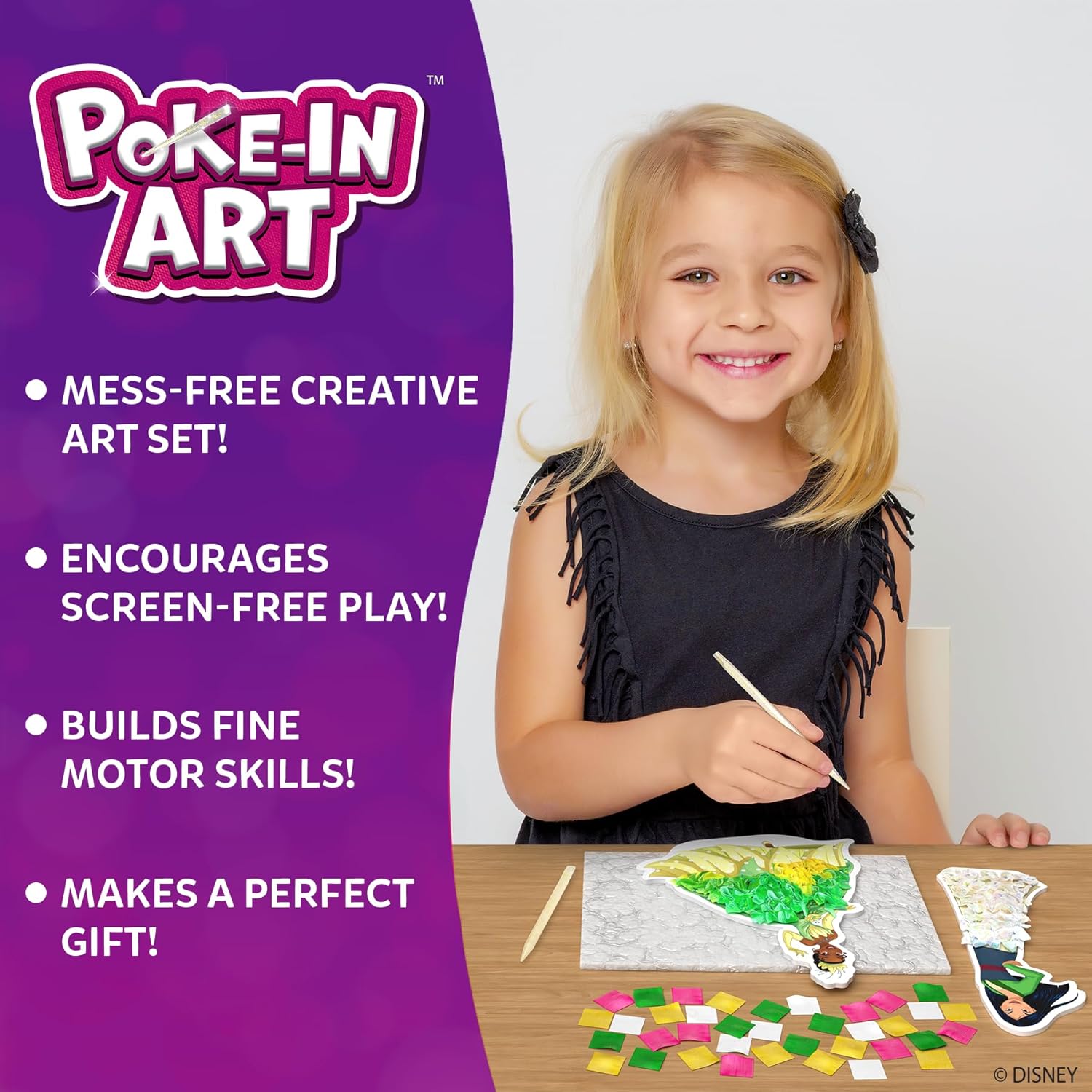 Poke-in Art – Disney Princesses, Wood Craft Kit, Gift for Kids | DIY Mess-Free Fun, Cinderalla, Ariel Fine Motor
