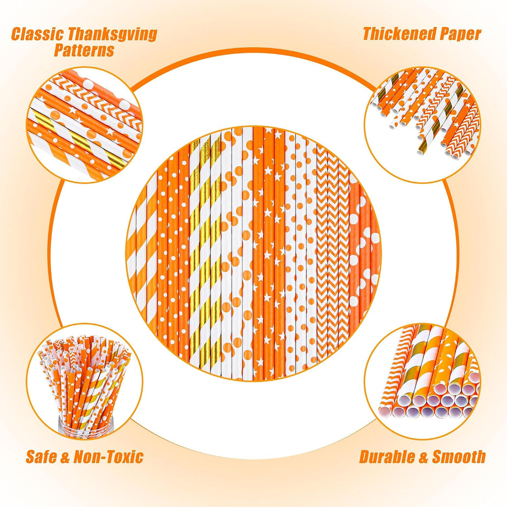 200 Pieces Thanksgiving Paper Straws Orange and Gold Assorted Paper Straws Biodegradable Drinking Straw Mix for Fall