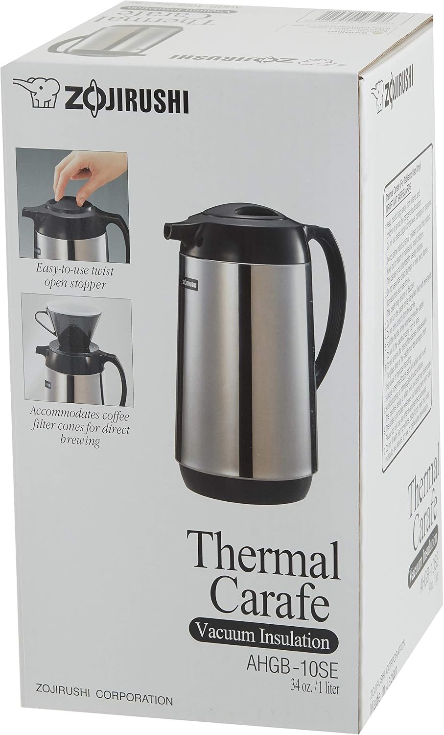 AHGB-10SE, Thermal Serve Carafe, 34 oz. / 1.0 liter, Polished Stainless Steel, Made in Japan
