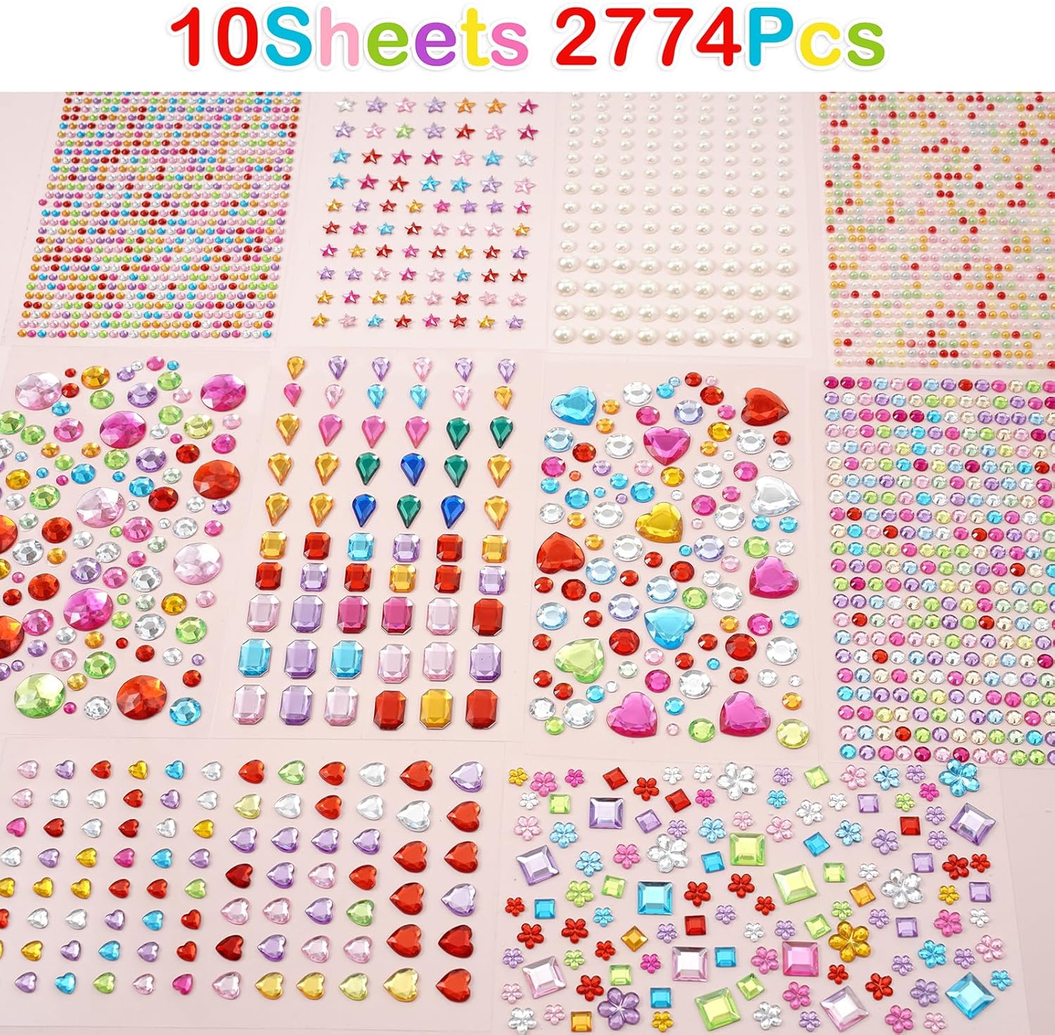 2774 Pcs Gem Stickers Jewels for Crafts, Self Adhesive Rhinestone Jewel Stick on Gems, Acrylic Bling Heart Stickers