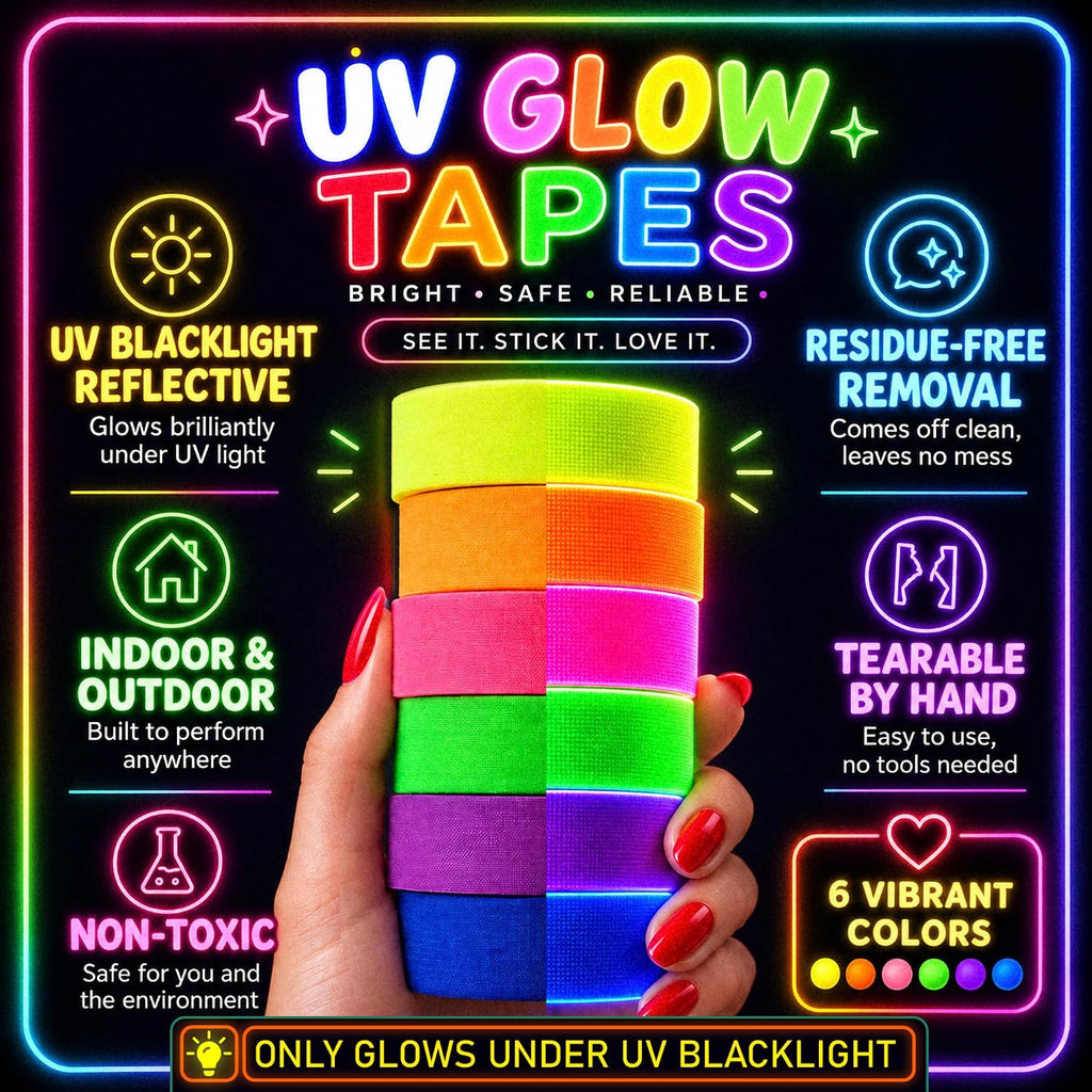 6-Pack Neon Gaffer Tape - 0.6 or 1 inch UV Blacklight Reactive Glow in The Dark Tape, Best for Parties, Dance Floors