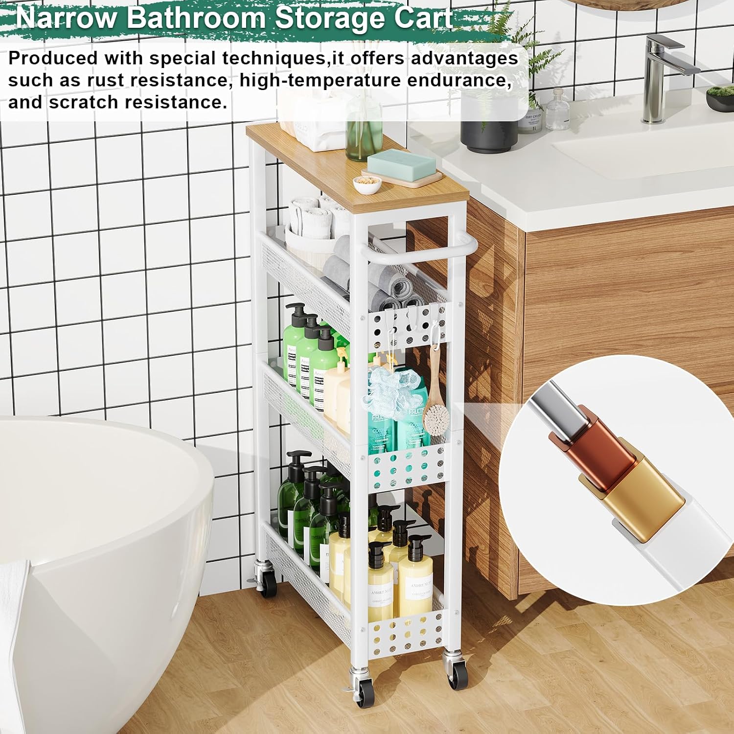 Utility Slim Rolling Cart with Table Top, Narrow Laundry Room Organization and Storage Shelves for Between Washer and