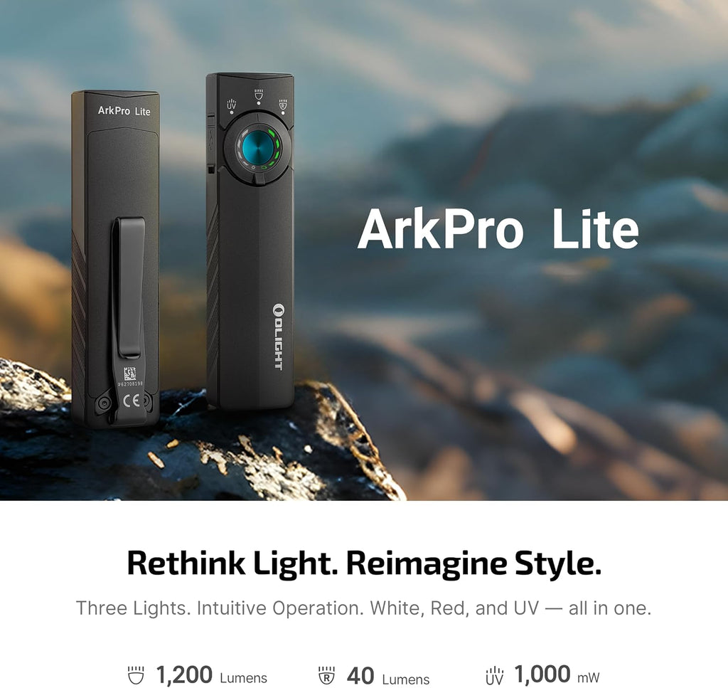 ArkPro Lite EDC Pocket Flashlight Rechargeable with UV Light, Black | Red Light, White LED, 1200 Lumens, USB-C