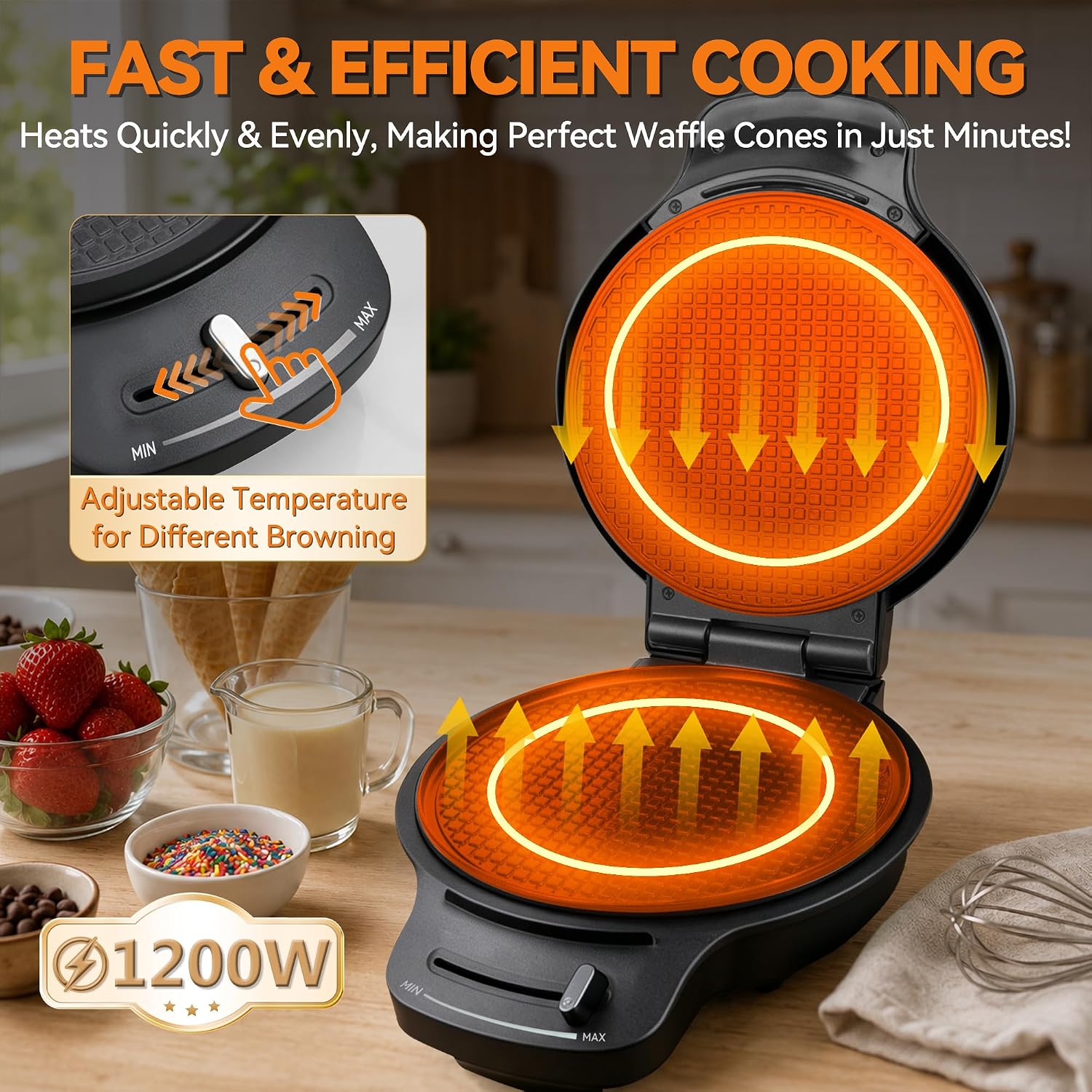 Waffle Cone Maker Machine with Browning Control, 7.5” Ice Cream Cone Maker, Cone Roller & Bowl Press Included,Thin