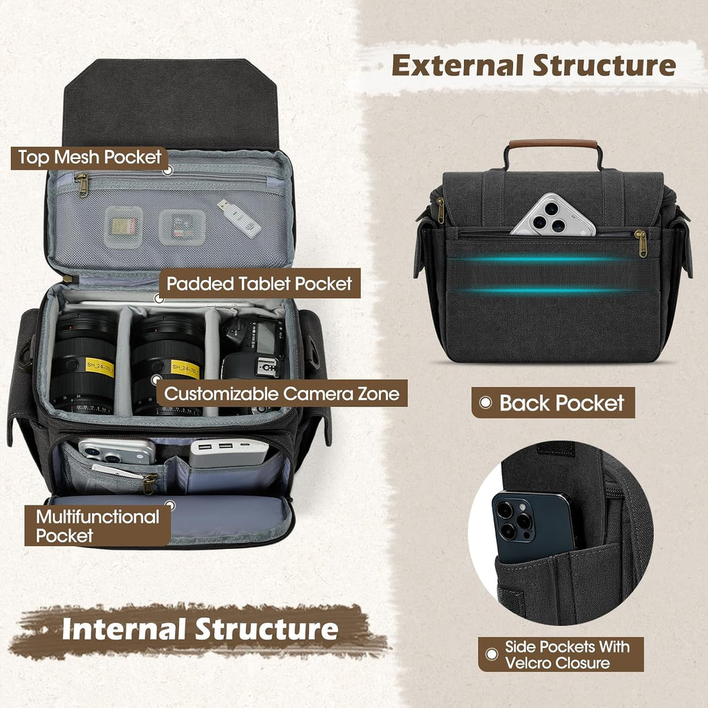 Camera Sling Bag Canvas Crossbody Camera Case with Rain Cover | Water-Resistant Camera Shoulder Bag for DSLR