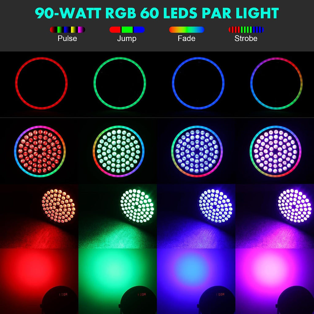 90W RGB Stage Par Lights with Ambient Light Strip - Dual Layer Halo Effect, DMX512 & Sound Activation, 60 LEDs