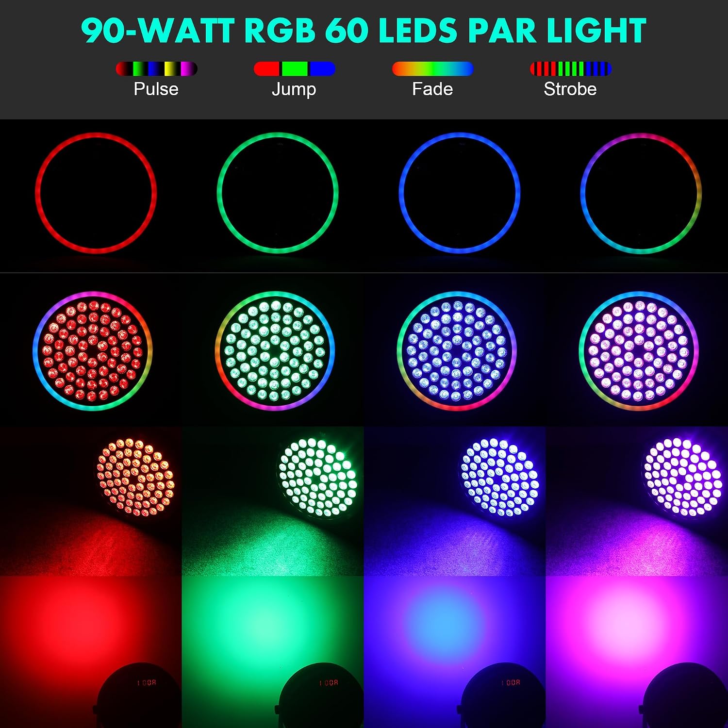 90W RGB Stage Par Lights with Ambient Light Strip - Dual Layer Halo Effect, DMX512 & Sound Activation, 60 LEDs