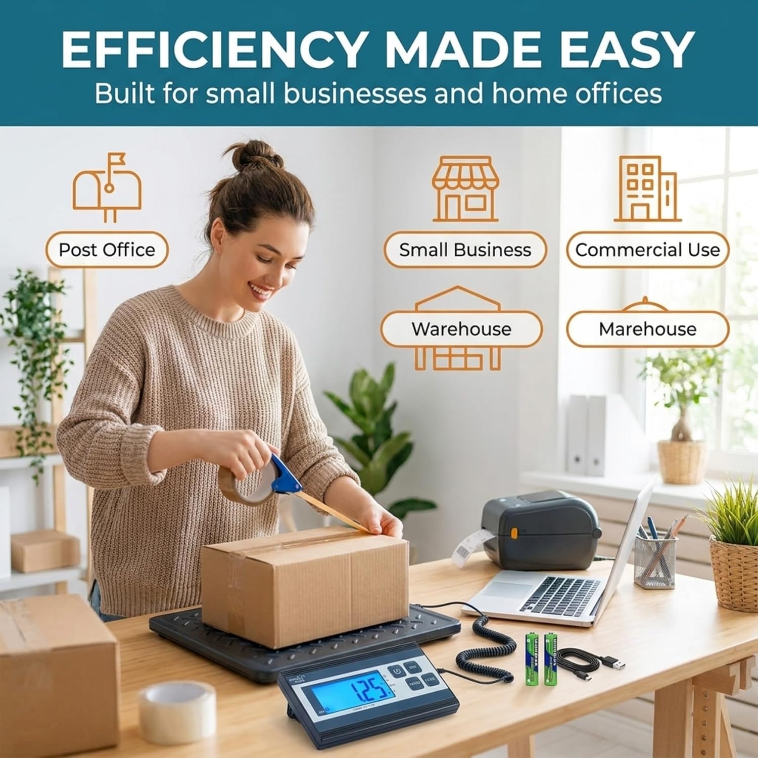 Digital Postal Shipping Scale, 440 lb Capacity, 1 oz Readability, Tare Function, Battery or USB-C Power, Corded