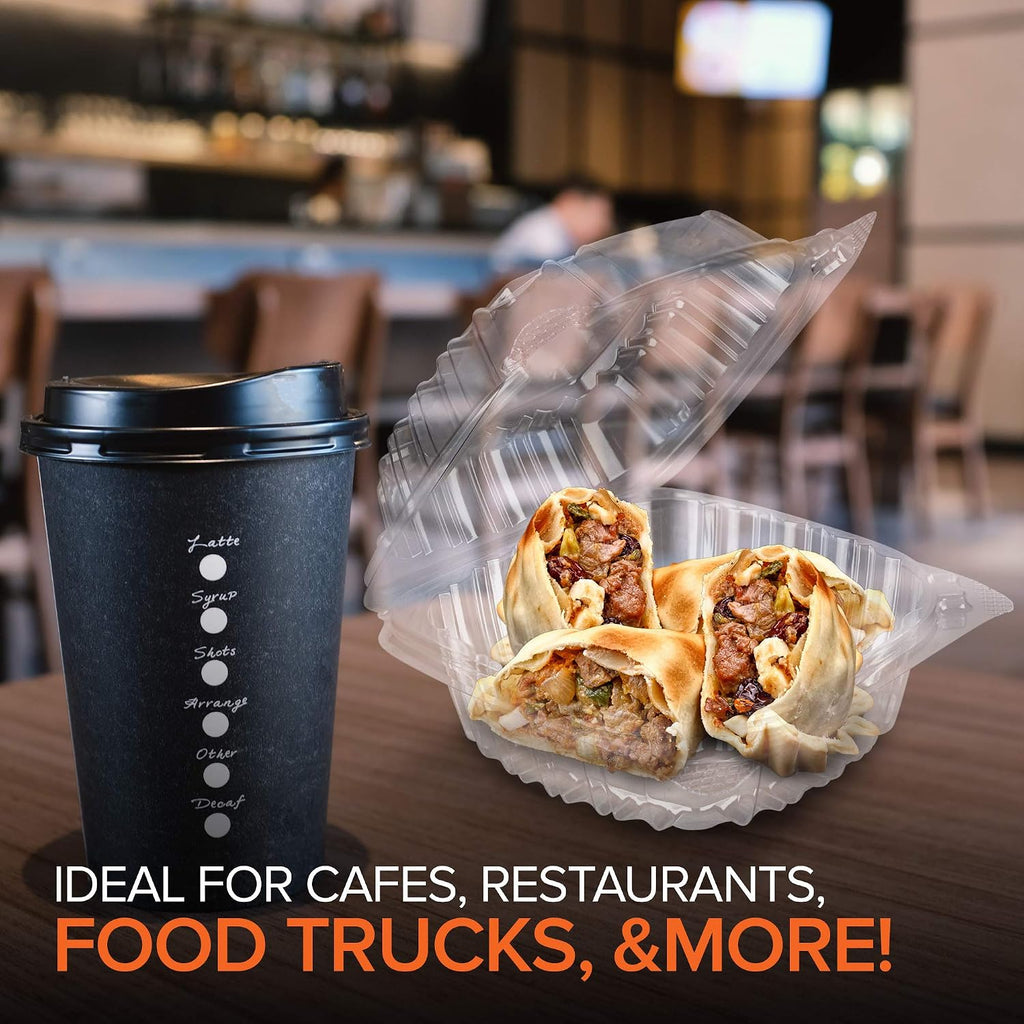 Disposable Plastic To Go Containers with Clear Lids (100 Pack) Fancy Hinged Top Square Clamshell Food Boxes for Take