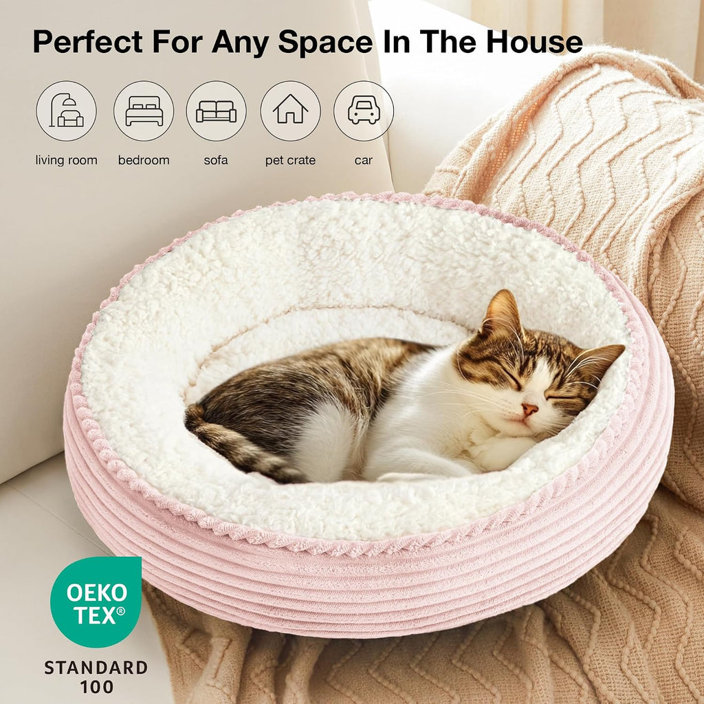Round Donut Cat and Dog Cushion Bed, 20in Pet Bed for Cats or Small Dogs, Anti-Slip & Water-Resistant Bottom, Super