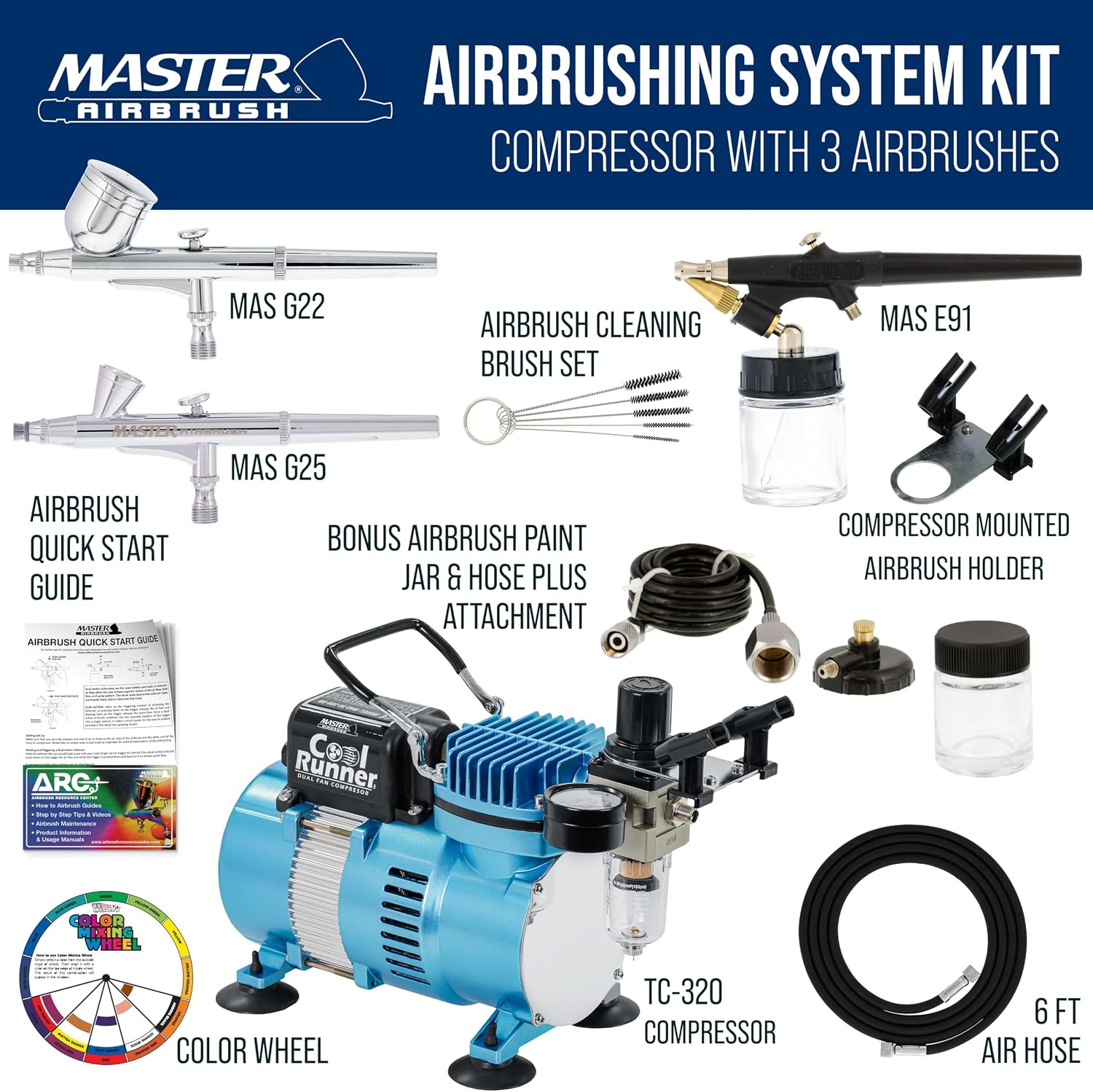 Cool Runner II Airbrush Kit with Dual Fan Air Compressor, 3 Airbrushes, Cleaning Brushes, Holder, Color Mixing Wheel