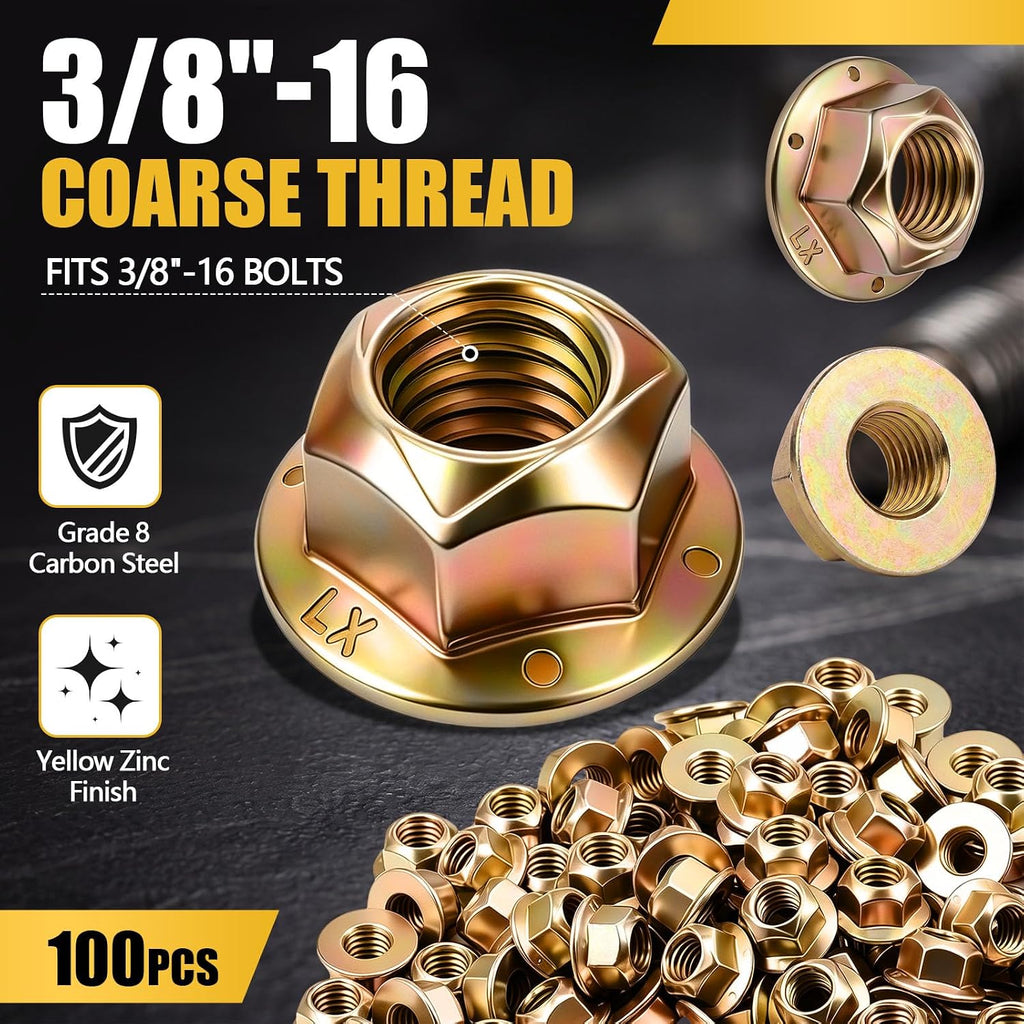 100 Pack 3/8"-16 Grade 8 Hex Flange Lock Nuts, Flange