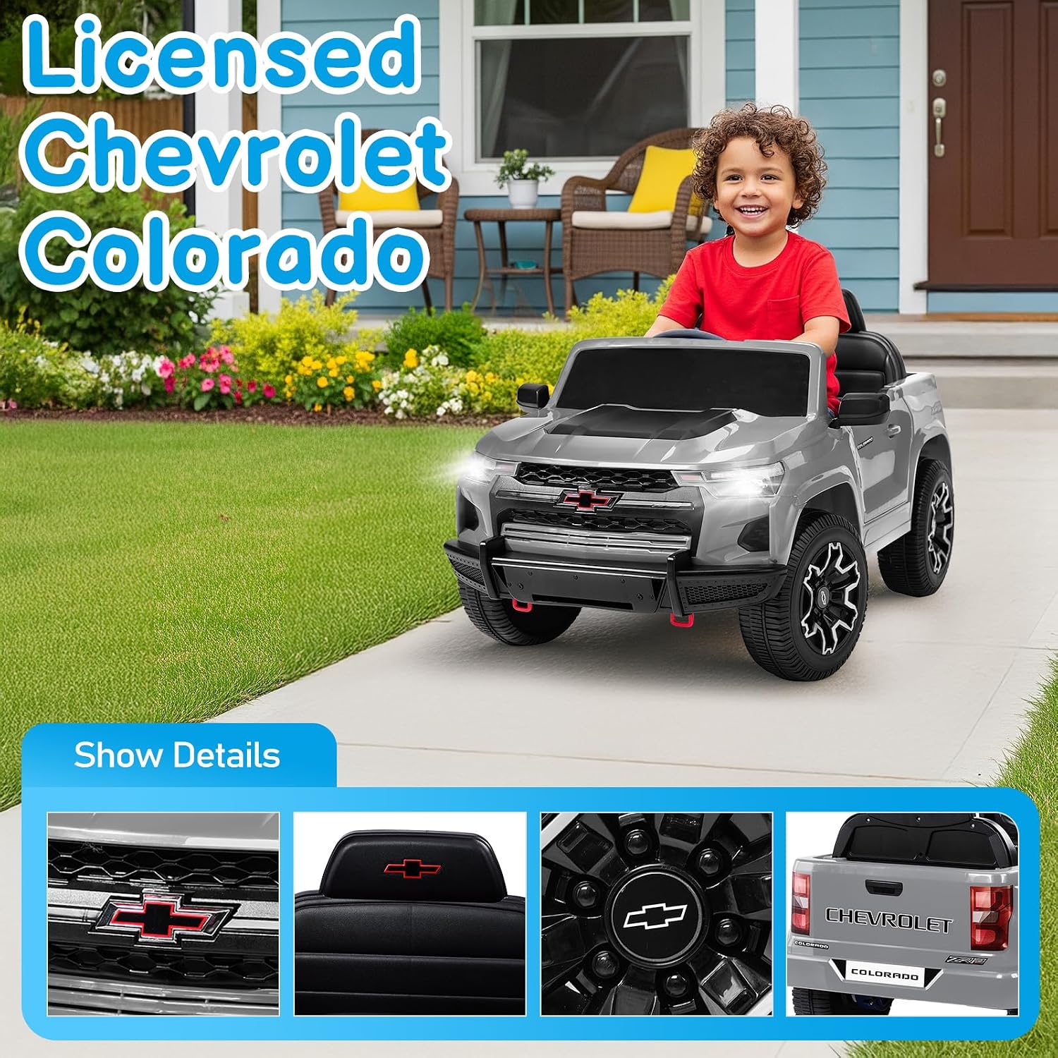 Licensed Chevrolet Colorado 12V Electric Car for Kids, Gray | Ride on Toys for Toddlers w/ Remote Control, Battery