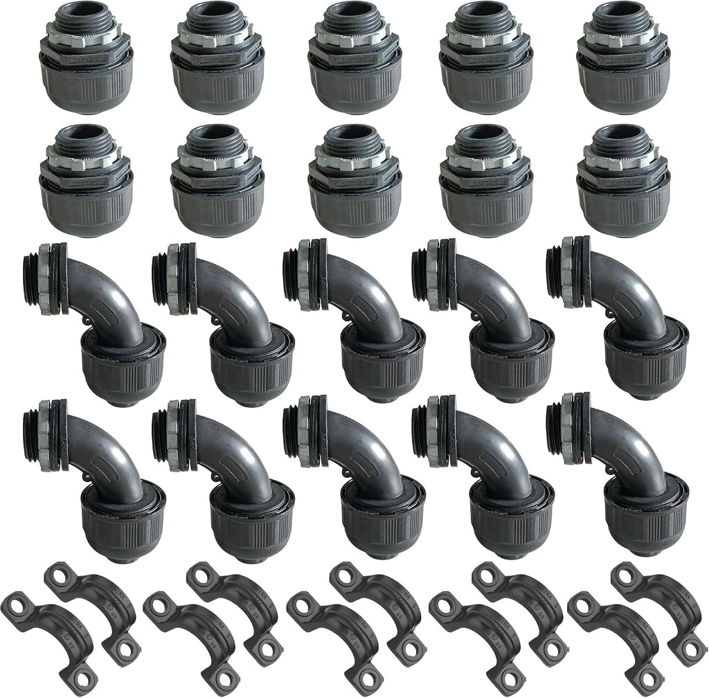 (1/2" Conduit Parts 30 Pack) Yariwiz 1/2 Black Special Extra Flexible Plastic Liquid Tight Conduit Connector Kit