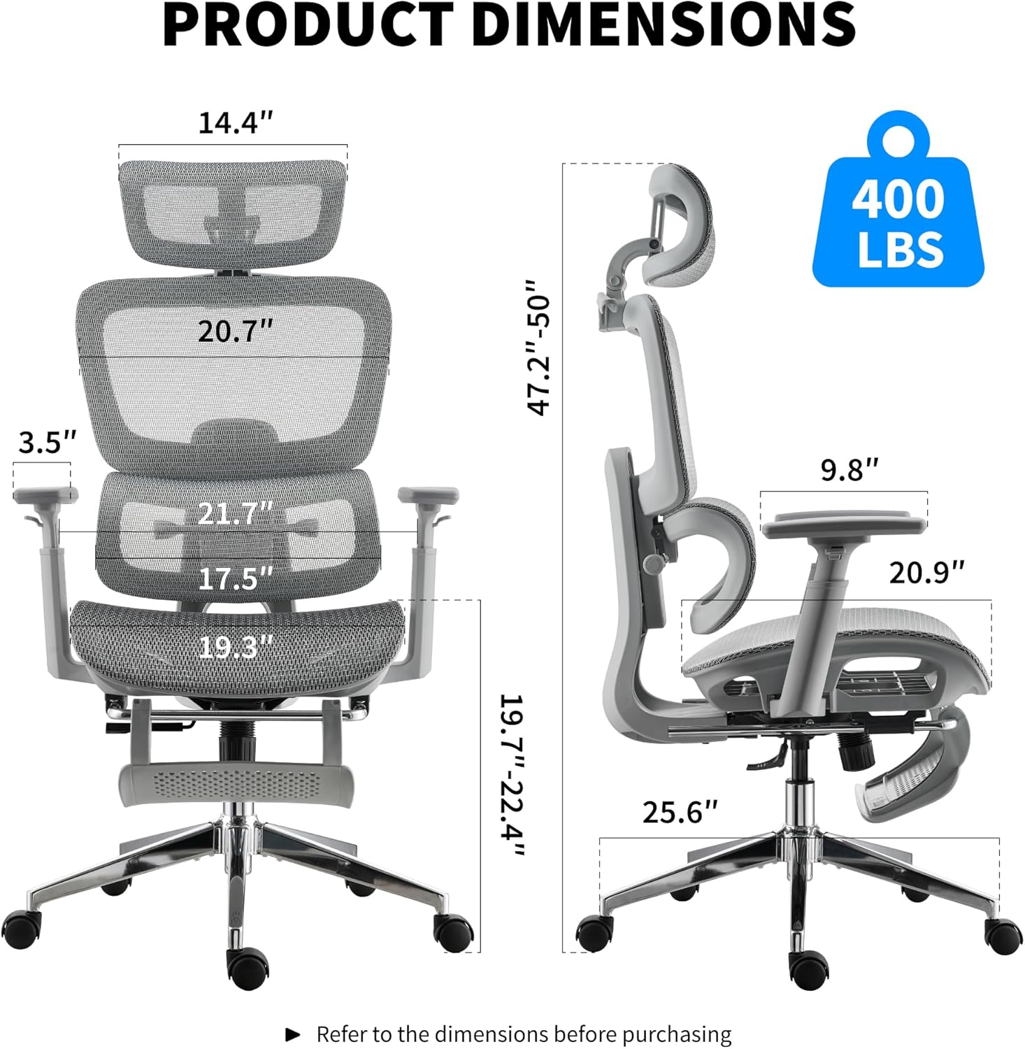 Mesh Ergonomic Office Chair with Footrest, Grey | High Back, Lumbar Support, Adjustable Headrest and Armrests, Gaming