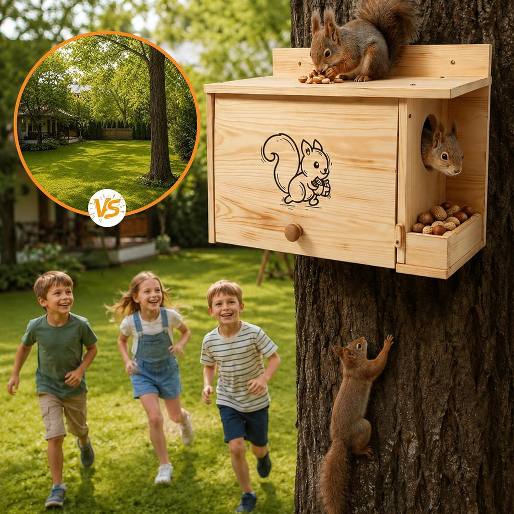 2-in-1 Squirrel House with External Feeder, Carbonized Pine Wood