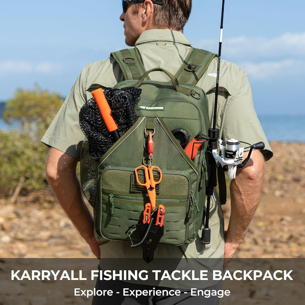 KarryAll Fishing Backpack with Rod Holder 4 Tackle Boxes, 40/26L | Tackle Bag Storage Fishing Gear and Equipment