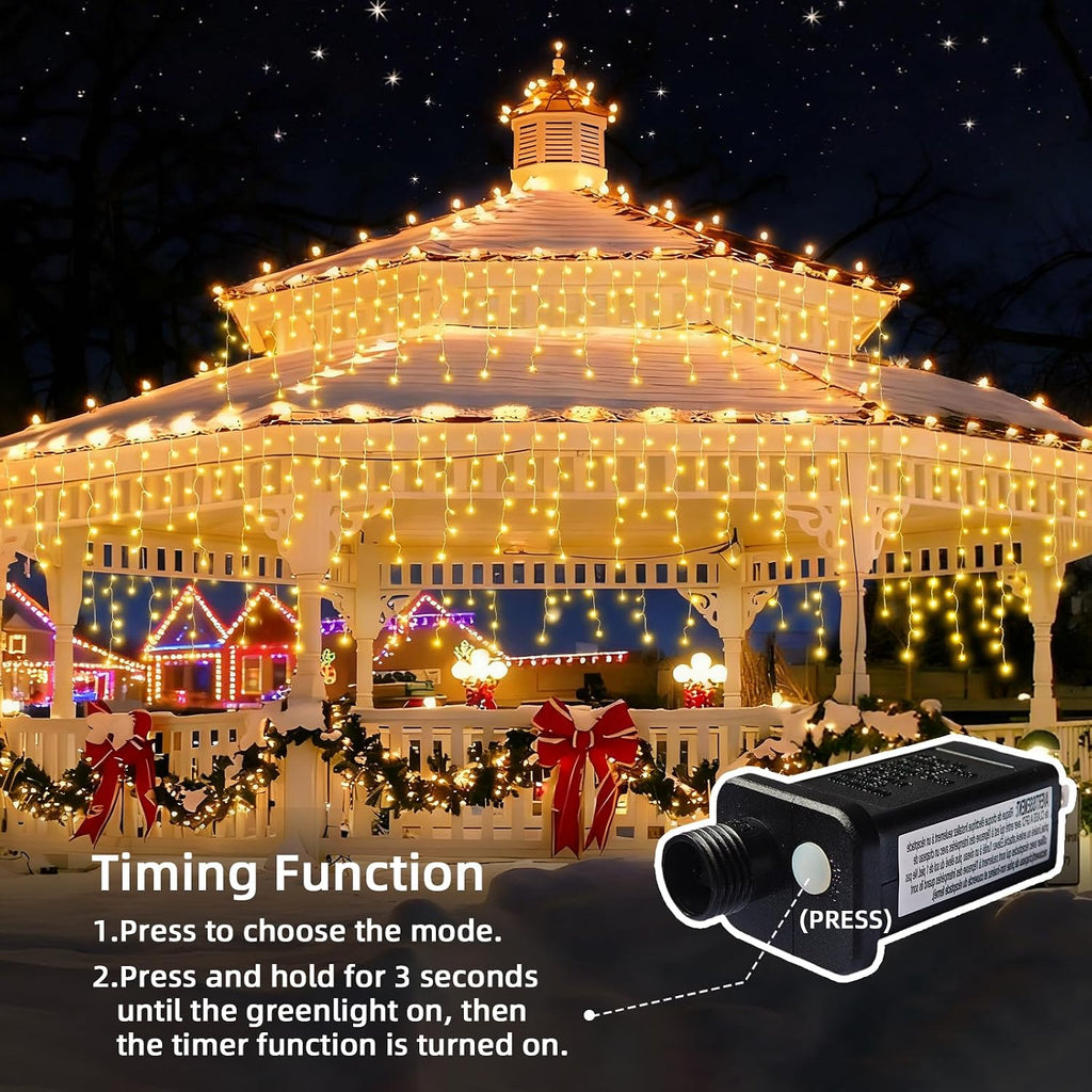 Christmas Outdoor Icicle Lights - 200 LED 21+16 FT 8 Modes Curtain Fairy String Light Plug in, Waterproof for Eaves