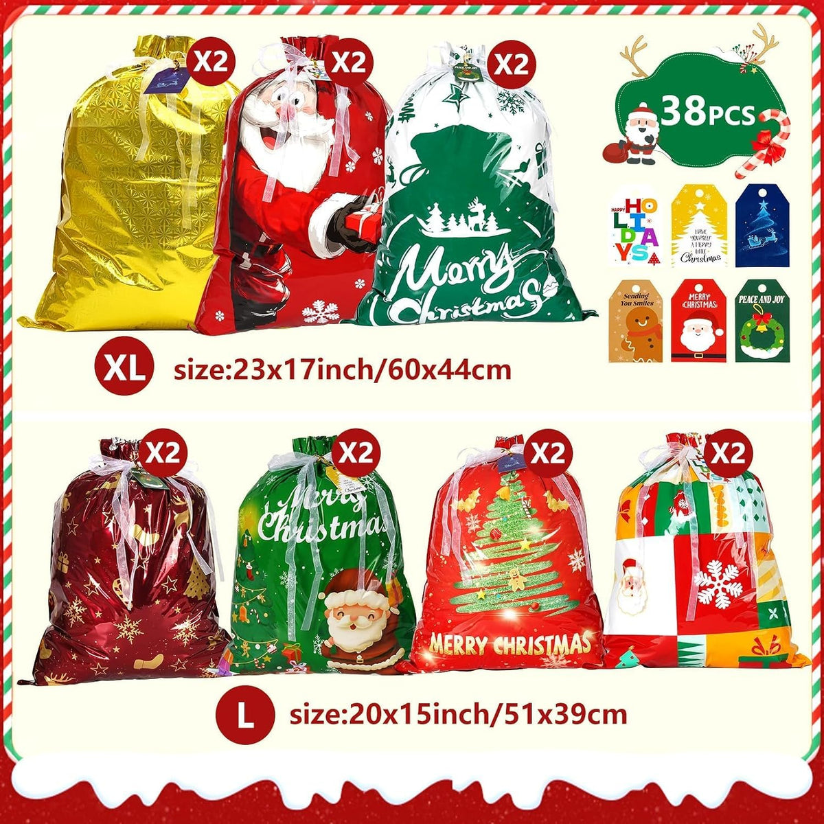 Christmas Drawstring Gift Bags, 38 PCS Gifts Christmas Bags
