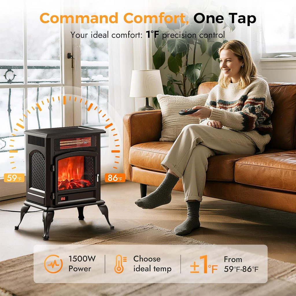 Electric Fireplace Stove Heater - Freestanding Electric Fireplace Heater with 3D Flame Effect, 1500W Infrared