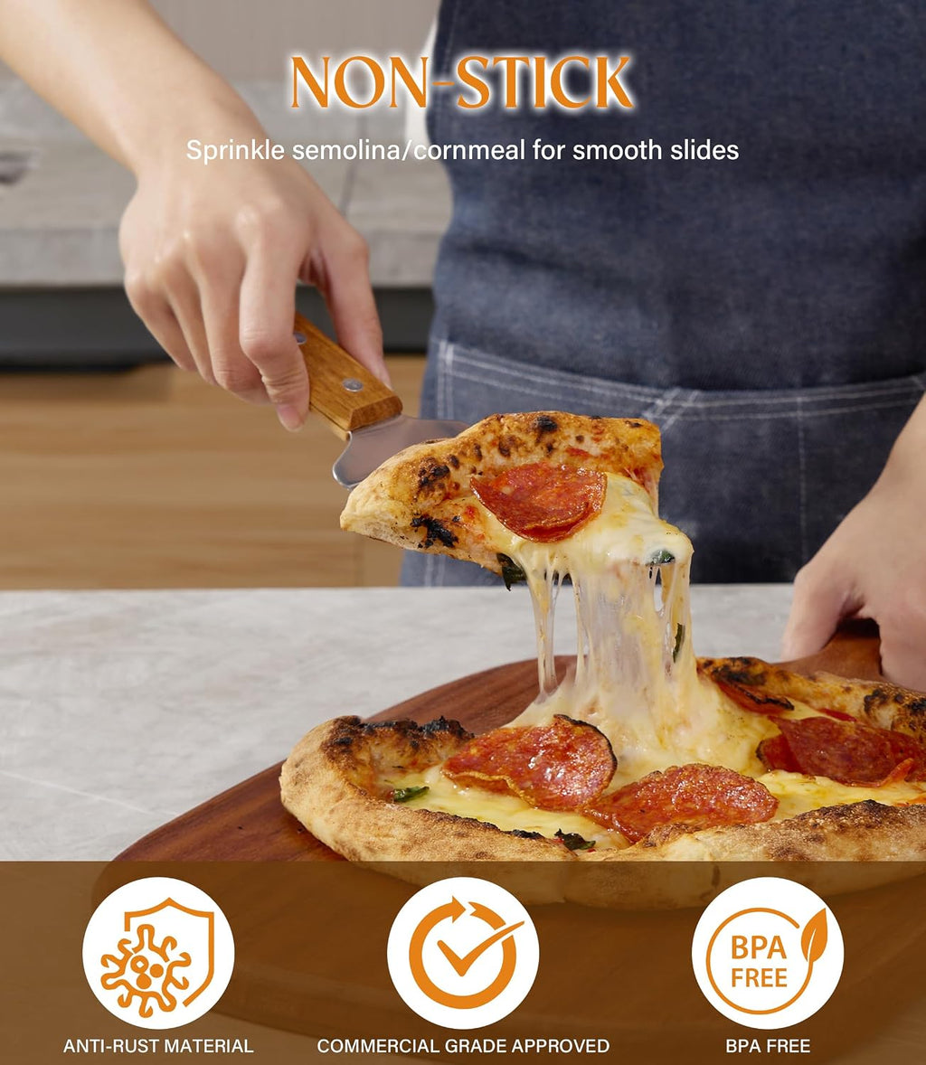 Pizza Peel 12-Inch Aluminum Pizza Paddle & Spatula with Pizza Cutter Rocker, Foldable Wood Handle – Pizza Server for
