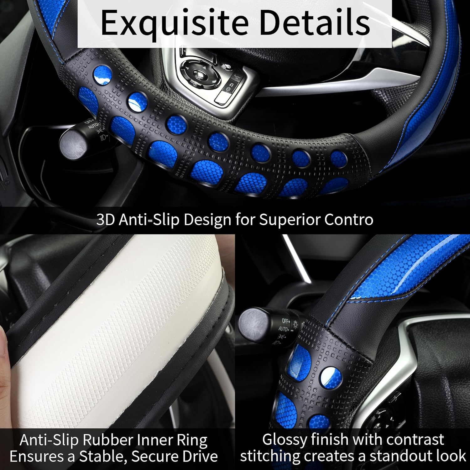 PU Leather Car Steering Wheel Cover with Anti-Slip Grip, for Women and Men, Universal Fit for 14.5-15 Inch Cars